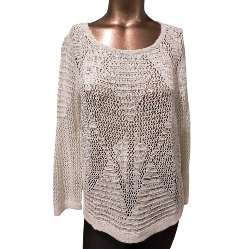 NIC+ZOE Ivory‎ Woven Knit Mesh Diamond Pattern Long Sleeve Sweater Top Women M